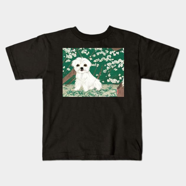 Cute Malshi Dog Shih Tzu Maltese Crusty White Dog Puppy in Garden Kids T-Shirt by Mochabonk